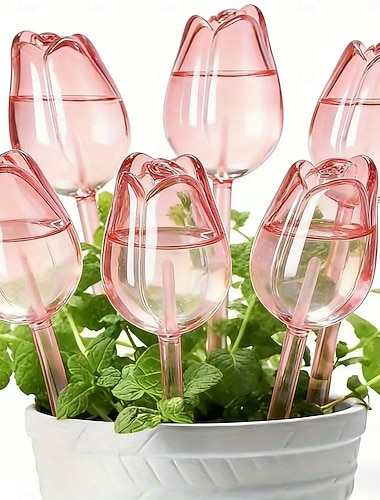  6 stk. automatiske selvvanningsspyd for rosa tulipaner, selvvanningsanlegg for potteplanter, stueplanter, frøplanter, vanningsspyd for/utendørshager, plener, blomsterbed