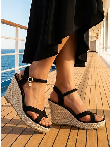  Espadrilles compensées noires pour femme - élégantes sandales à plateforme et brides croisées avec boucle à la cheville &charme des croisières, dîners formels sur le pont &vêtements de villégiature