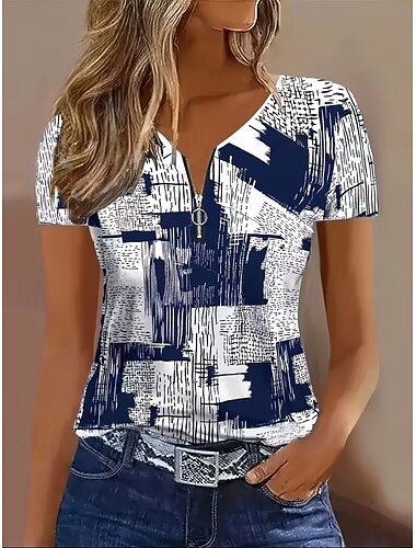  女性用 Tシャツ ジッパー クォータージップ グラフィック 幾何学模様 カラーブロック トロピカル風 ハワイアン スタイリッシュ 半袖 クルーネック Ｖネック レギュラートップス 日常 スポーツ お出かけ 白 / 青 赤、白 黒+白+青 夏 春