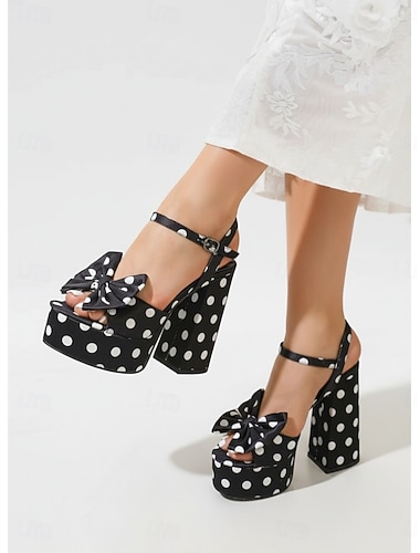  Opvallende zwarte platform sandalen met stippen voor dames - elegante blokhakken met strikdetail en enkelbandje voor luxe resortavonden, galadiners en bruiloften.