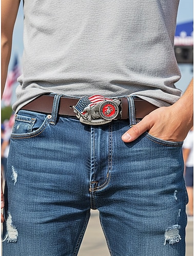  Cinturón de cuero genuino para hombre con diseño de la bandera estadounidense, disponible en varias tallas, estilo patriótico, perfecto para el 250 aniversario de Estados Unidos, el Día de la Independencia, actividades al aire libre y uso diario.