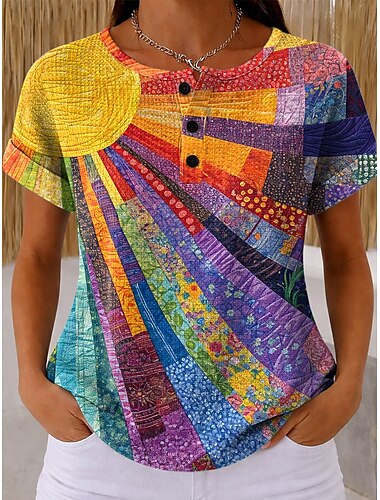  Damen Waffel Strukturierte Strick Tops T-Shirt Farbkasten Grafik Tribal Abstrakt Stylisch Klassisch Kurzarm Henley Regulierer Tops Täglicher Sport Blau Asche Orange Beige Sommer Frühling