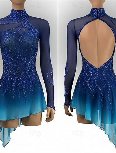  Kjole til kunstløp Dame Skøyteløp Kjoler Blå Lapper Tommelhull Elastisk Trening Konkurranse Skøyteklær Klassisk Krystall / Rhinstein Langermet Skøyting Kunstløp