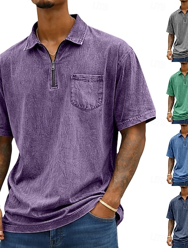  Homme Chemise délavée à l'acide Polo en Coton Occasionnel Zip quart Manche Courte ancien Basique Couleur Unie Uni Avec Poches Affligé Été Coupe régulière Noir Vert Claire Rose Claire bleu marine
