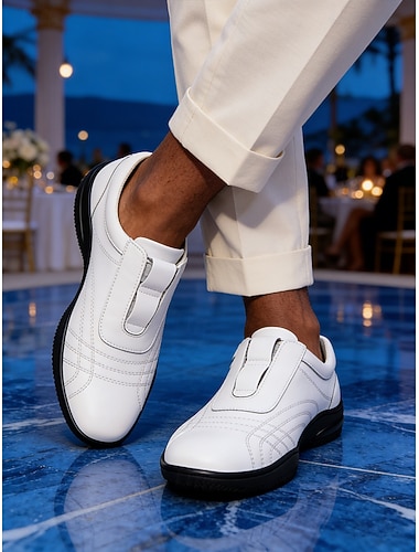  hvite slip-on herresko med lette, komfortable gåsko for feriesteder, feriereiser, sammenkomster ved bassengkanten, cruiseantrekk, avslappede, smarte, casual sommerantrekk