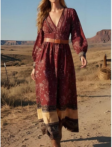  Damen Maxikleid Boho-Kleid Freizeitkleid A Linie Kleid Elegant Mode Modern Outdoor Urlaub Ausgehen Normale Passform Blumen Langarm V Ausschnitt Rote Sommer Frühling