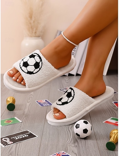  Hvite dametøfler med fotballplysj – myke, komfortable innendørssandaler med åpen tå og myk vevd innersåle for hjemmet, soverommet og sportsfans