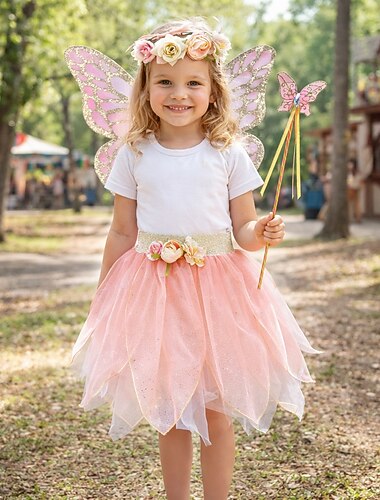  Conjunto Medieval Renascentista chique Até os Joelhos Saia Asas Peça para Cabeça com acessórios Fada Borboleta Floral Fantasia Para Meninas Fantasia Dia Das Bruxas Carnaval Festa feira renascentista