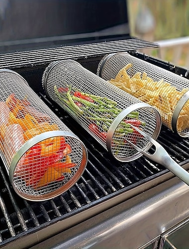  2 kpl/setti kannettava ruostumattomasta teräksestä valmistettu grillisarja, ruostumattomasta teräksestä valmistettu kannettava grilliteline, grillityökalusarja, ulkogrillikori, ulkogrilli, pyöreä