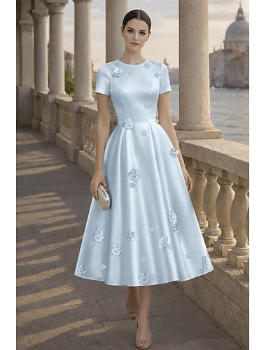  Ligne A Longueur thé Robes de Cocktail Élégant Manche Courte Col ras du cou Fête de jardin Mariage Satin avec Fleurs 3D Plis