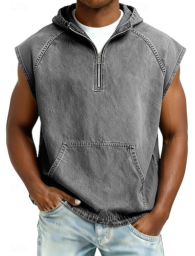  Pánské Bez rukávů Vesta Top Demin košile Kyselé mycí tričko Bez rukávů Kapuce Zip Léto Jaro Celý rok Bez vzoru Módní Designové Základní Barvení oděvů Kapuce Ležérní Dovolená ulice Černá Světle zelen