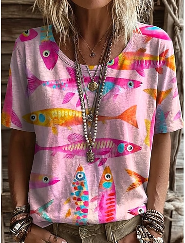  Damen T Shirt Druck Grafik Abstrakt Geometrie Klassisch Lässig Kurzarm Rundhalsausschnitt Normale Oberteile Täglich Sport Blau Gelb Rosa Purpur Sommer Frühling