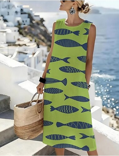  Dame Midikjole Skift Kjole Sommerkjole A Linje Kjole Ferie Afslappet Boheme Strand I-byen-tøj Regulær Grafisk Geometrisk Uden ærmer Rund hals Blå Lysegrøn Grøn Sommer Forår