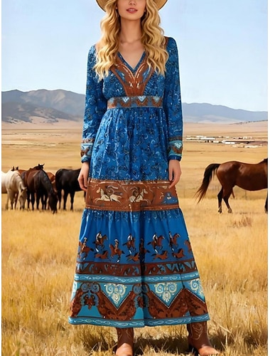  Damen Maxikleid Boho-Kleid Freizeitkleid Schwingkleid Elegant Mode Modern Outdoor Urlaub Ausgehen Normale Passform Stammes Langarm V Ausschnitt Blau Sommer Frühling