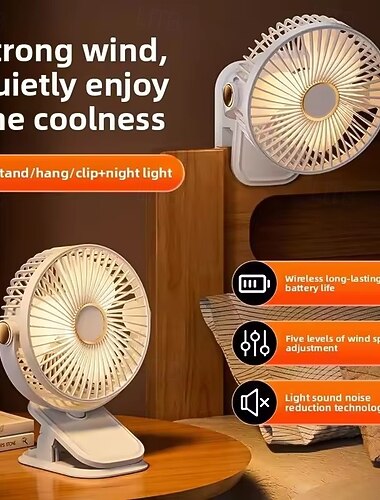  4-i-1 klipsvifte med LED-nattlys, bærbart skrivebord &Vegghengt vifte, personlig vifte med lang batterilevetid og 5 hastigheter, stille liten kjølevifte for barnevogn ved nattbordet på sovesalen
