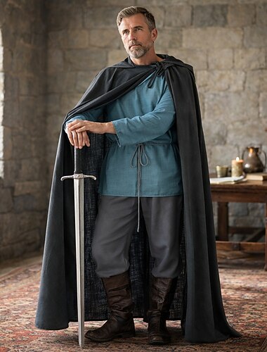  Set Retro Vintage Mittelalterlich Renaissance Bodenlang Hose Umhang Hemd langarm Ritter Ranger Kostüm Herren Fantasie Halloween Karneval Maskerade Renaissance-Messe Retro-Mottoparty Erwachsene Hemd