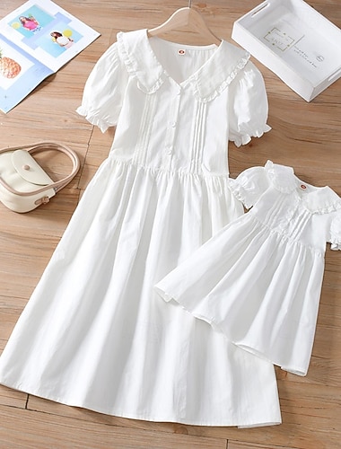  Mamma e io Vestitini Tinta unica Casuale Arricciato Bianco Manica Corta Midi Attivo Abiti coordinati