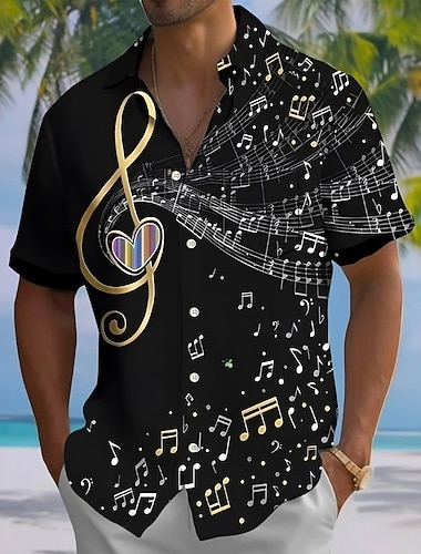  Herre Musikknotater Hjerteformet Skjorte Sommerskjorte Skjorte med knapper Kortermet Fashion Casual Feriereise musikk festival Sommer Vår Aftæpning 3D-utskrift krage skjorter Front One Lomme Bl