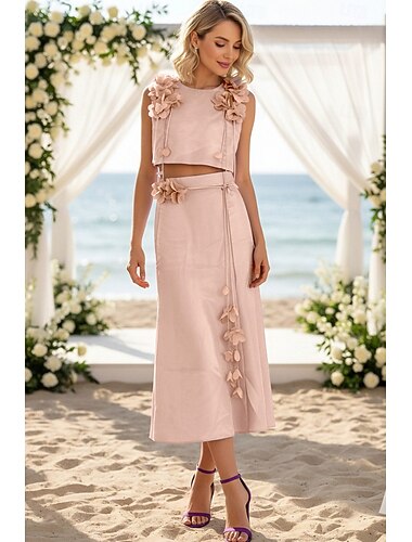  Todelt A-linje Ankellengde Gjestekjoler til bryllup Elegant Ermeløs Crew-hals Bryllup Valentinsdag med 3D-blomster