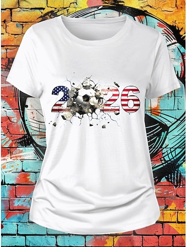 Weltfußballspiel 2026 Damen T-Shirt Print Grafik Buchstabe Stilvoll Klassisch Freizeit Kurzarm Rundhals Reguläre Oberteile Tägliche Blau Schwarz Weiß Rot Grün Sommer Frühling