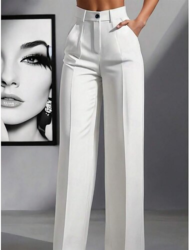  Dames Broek Chinese Recht Modieus Streetwear Basic Volledige lengte Hoge taille Effen Zak Comfortabel Inelastisch Dagelijks Werk Uitgaan Zwart Wit Bordeaux Bruin Lente Herfst Ruim Passend