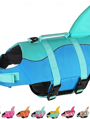  Gilets de sauvetage pour chiens avec motif requin et sirène, conçus pour la natation, offrant une flottabilité supérieure et équipés de poignées de sauvetage pour piscine, plage et bateau.