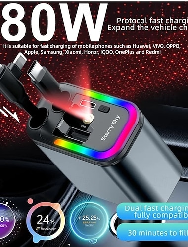  5-in-1 180W autolader met snellaadfunctie, USB Type-C voedingsadapter, intrekbare telefoonlader met dakraam en sterrenhemelfunctie voor iOS- en Android-telefoons