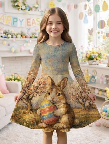  Pâques FILLE 3D Graphique Lapin Robe manche longue Impression 3D Printemps Automne Quotidien Vacances Soirée Occasionnel Princesse Beau Enfants 4-12 ans Robe Décontractée Robe trapèze Mi-long Coupe