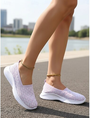  Damesschoenen in lichtpaars, model Flyknit slip-on – lichtgewicht, ademende en comfortabele wandelschoenen voor dagelijks gebruik, reizen en langdurig staan.