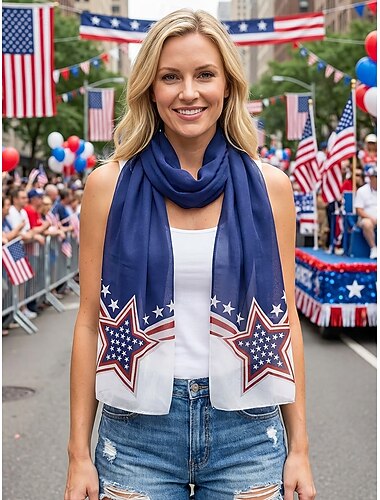  Patriottische damessjaal van polyester chiffon, lichtgewicht en ademend, met sterrenprint, perfect voor de viering van 250 jaar Amerika, Onafhankelijkheidsdag, dagelijks gebruik en vakanties.