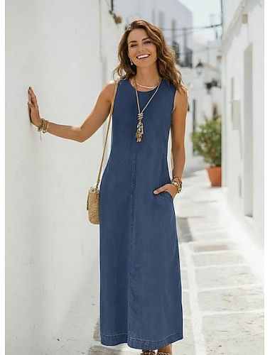  Damen Maxikleid Shiftkleid Jeanskleider Modern Lässig Urlaub Normale Passform Einfarbig Ärmellos Rundhalsausschnitt Blau Schwarz Königliches Blau Sommer Frühling
