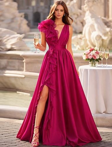  A-vonalú Földig érő Báli ruhák Estélyi ruhák Báli fazon Formális ruha Celeb stílus Virágos Ujjatlan V-alakú Diákbál Előírásos Sifon Szatén val vel Hasított ruha Tiszta Szín