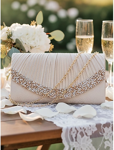  Strassbesetzte Damen-Abendclutch, Polyester, mehrfarbig, plissiertes Design mit Kettenriemen, perfekt für Hochzeiten, Partys und formelle Anlässe