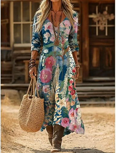  Per donna Abito maxi Abito Boho Abito Vintage Vestito Casual Vintage Quotidiano All'aperto Vacanza Vestibilità regolare Floreale Manica Lunga Scollo a V Blu Vino Arancione Primavera Autunno