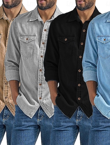  男性用 シャツ カジュアルシャツ カーゴシャツ ブラック カーキ色 グレー ライトブルー 長袖 平織り シャツカラー カジュアル 日常 ボタン 衣類 旅行度假风 ファッション カジュアル