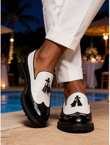  Herre svarte og hvite duskloafers i tofarget slip-on-sko til bryllup, cocktailfester, feriestedkvelder, banketter, skoleball og moteriktig formelt antrekk