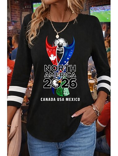  Weltfußballspiel 2026 Damen T-Shirt Print Grafik Fußballteam Vintage Mode Stilvoll Langarm Rundhals Reguläre Oberteile Tägliche Wochenende Blau Schwarz Rot Grün Frühling Herbst Winter