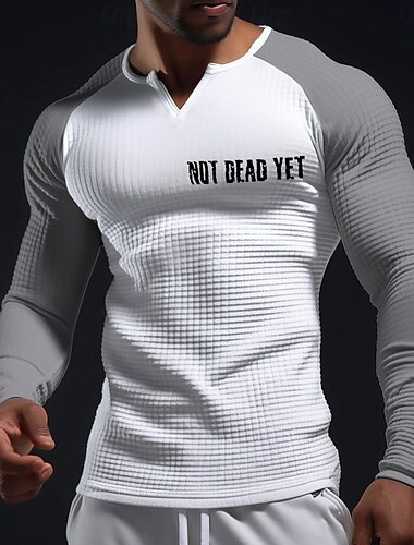  Camiseta masculina de manga comprida estilo henley raglan com estampa motivacional "not dead yet" (ainda não morri), modelagem slim, tecido waffle texturizado, ideal para academia, treino e uso
