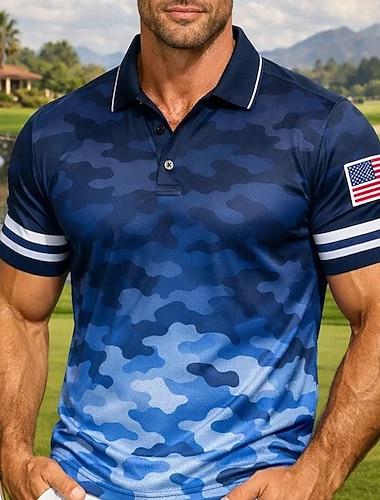  4. Juli 2026 250. Herren Tarnung Golf Sport-Poloshirts Kurzarm Polo-Shirts Hemden mit Kragen Lässig Athleisure Knöpfe Frühling & Sommer Blau Grün Armeegrün