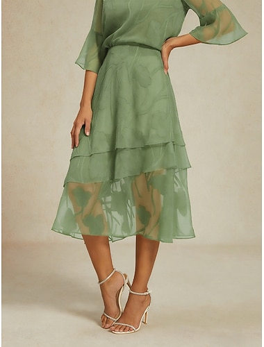  Damen Spitzenrock Elegant Midi Mittlere Taille Röcke Blumen Geschichtet Elastischer Bund Illusionsspitze Dehnbar Täglich Valentinstag Schiefergrün Sommer Polyester