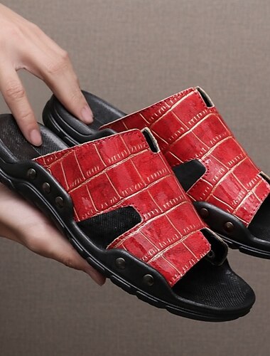  Rode heren slippers met krokodillenprint, open teenslippers, comfortabele zomerschoenen met brede, gestructureerde bandjes, ideaal voor vakantie, strand, reizen, ontspanning aan het zwembad, thuisgebruik en buitenactiviteiten.