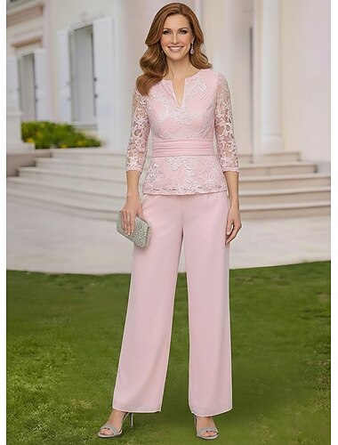  Tweedelig Broek Broekpak Tot de grond Moeder van de bruid jurk 3/4 mouw V-hals Elegant Eenvoudig Casual Formeel Bruiloft gast Chiffon met Kant Borduurwerk Appliqués