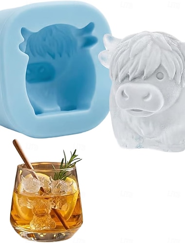  Mini-Eiswürfelform mit Hochlandkuhmotiv, niedliche 3D-Eiswürfelform aus Silikon für Whisky und Cocktails &Eiskaffee, wiederverwendbarer Eiswürfelbereiter in Tierform für Getränke, Barzubehör