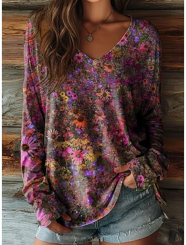  Dame T skjorte Trykt mønster Blomstret Grafisk Solsikke Årgang Fritid Bohem Langermet V-hals Vanlige topper Daglig Blå Mørkegrønn Lilla Oransje Charcoat Grey Sommer Vår Høst