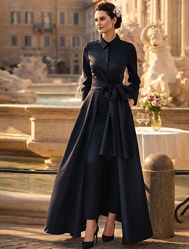  Tweedelig Jumpsuits Tot de grond Moeder van de bruid jurk Lange mouw Overhemdkraag Elegant Feest Formeel Bruiloft gast Taft met Strik(ken) Effen kleur