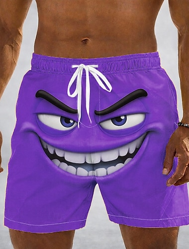  Herren Optische Täuschung 3D Zeichentrick Lächelndes Gesicht Badehosen Badeshorts Boardshorts Mittlere Taille Lustig Hawaiianisch Strandurlaub Seitentaschen Netzfutter Elastischer Kordelzug in der