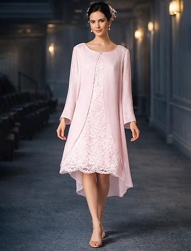  Kaksiosainen A-linja Frakki Polven yli Häävieraspuku Morsiammen äidin asu Lyhythihainen Pyöreä Tyylikäs Plus-koko Häävieras Hääjuhla Sifonki Pitsi Takki Mekot kanssa Solid Color