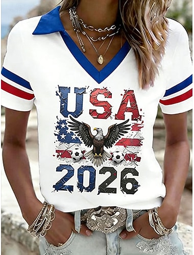  Damen T Shirt T-Shirt Farbblock Druck Grafik Fussballteam Stilvoll Klassisch Lässig Kurzarm V Ausschnitt Normale Oberteile Täglich Sport Ausgehen Blau Sommer Frühling