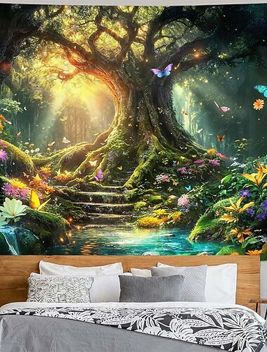  förtrollad magisk skog livets träd väggtapet fjärilar blommor stenstig solljus vattenfall fantasikonst sovrum vardagsrumsinredning hem väggbonad väggmålning bakgrund