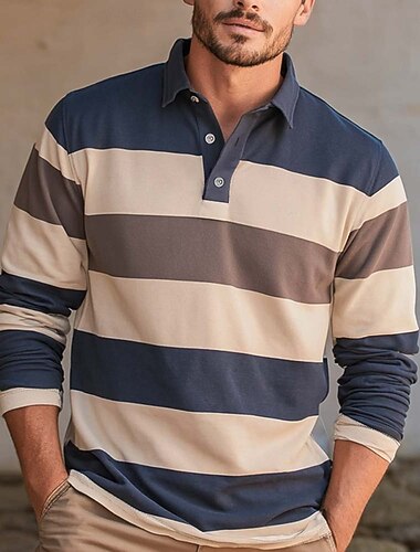 Per uomo Strisce orizzontali Polo da rugby Manica Lunga Magliette polo Camicie con Colletto Abbigliamento Sportivo Casual All'aperto Scuola Athleisure Stampa 3D Primavera Autunno Inverno Blu Azzurro